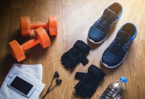 hand weights, sneakers, water