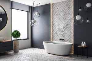 Home decor wall tiles in bathroom with bathtub and window