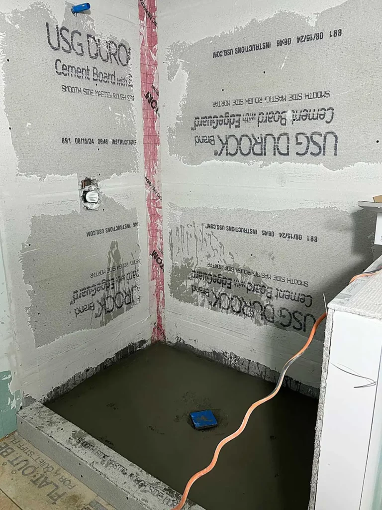 kings park queen remodel in progress shower install dry pack mortar bed