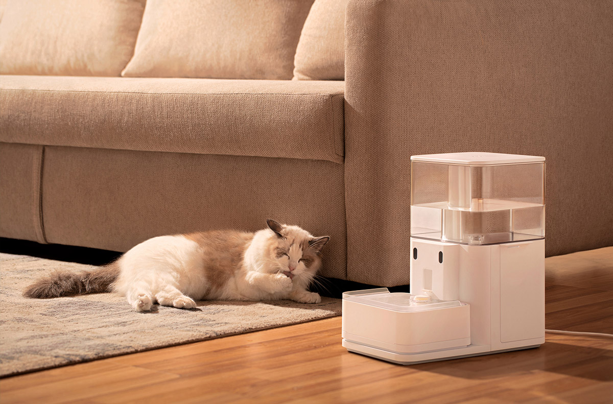 Vienna VA After Photo 2 Kitchen Cabinets and Island scaled A water dispenser in the living room with a kitty lounging nearby.
