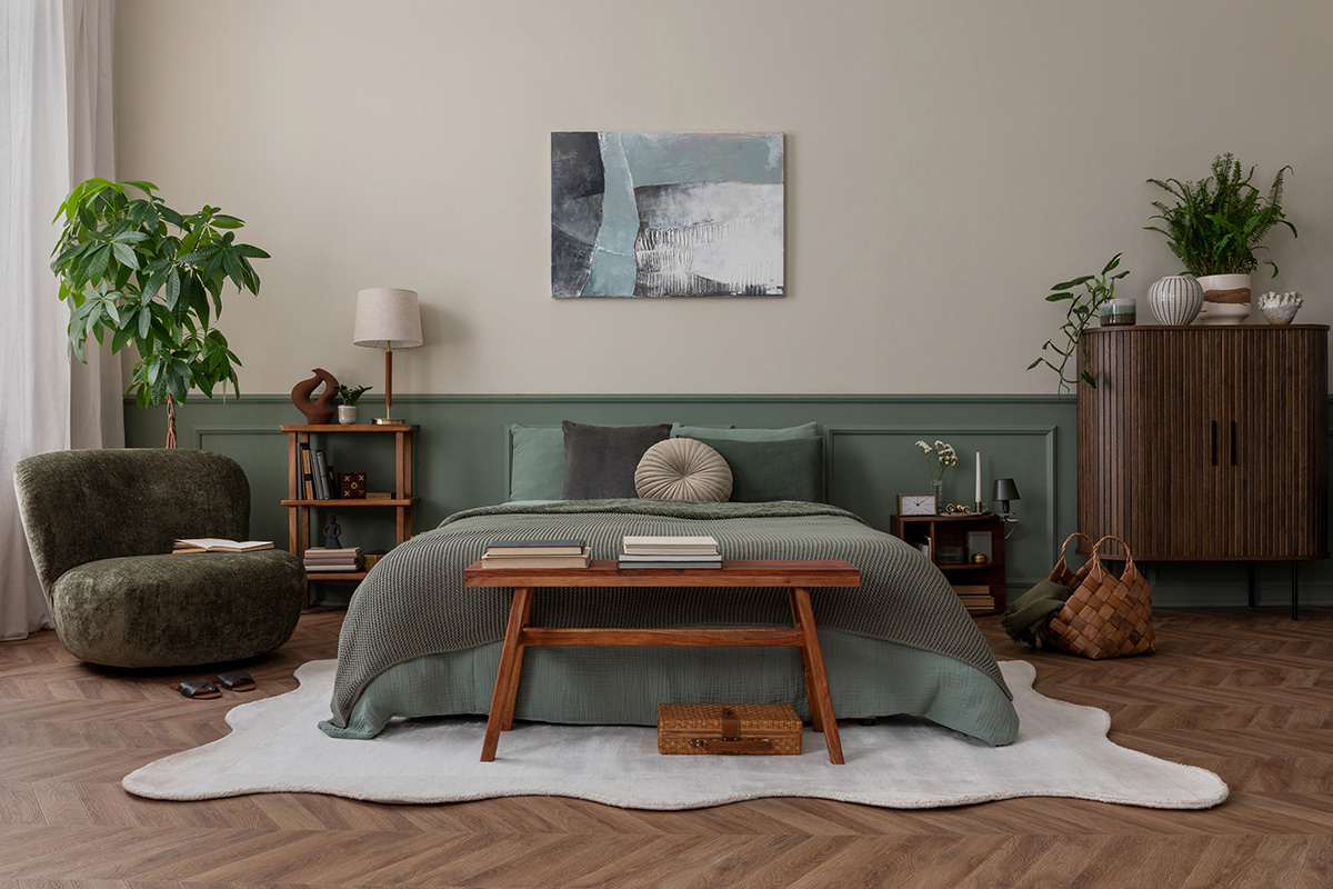 bedroom interior with mock up poster frame green bedding wooden side table stylish bench