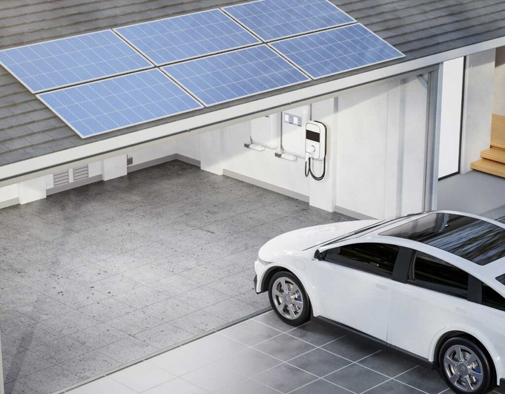 futuristic garage ev charger solar panels